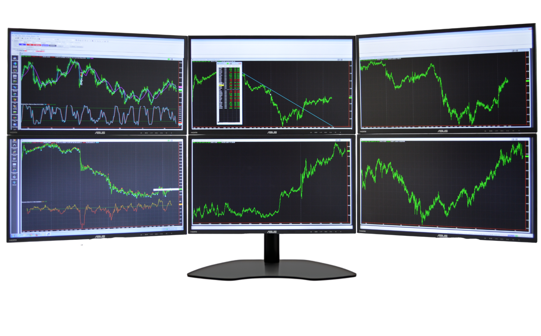 Six monitors on hex stand for trading setups.