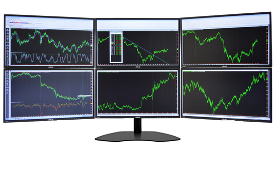 Six monitors on hex stand for trading setups.