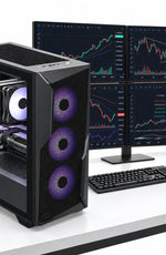 The Viper Ultra EZ Trading Computer beside four trading monitors, a keyboard and a mouse