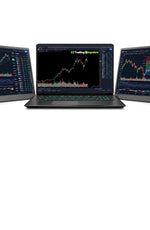 Two EZ 15.6 inch USB powered travel monitors at 1920 by 1080, either side of a trading laptop, all three screens showing trading charts