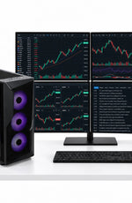 The Viper Ultra EZ Trading Computer on a desk with four monitors, a keyboard and a mouse