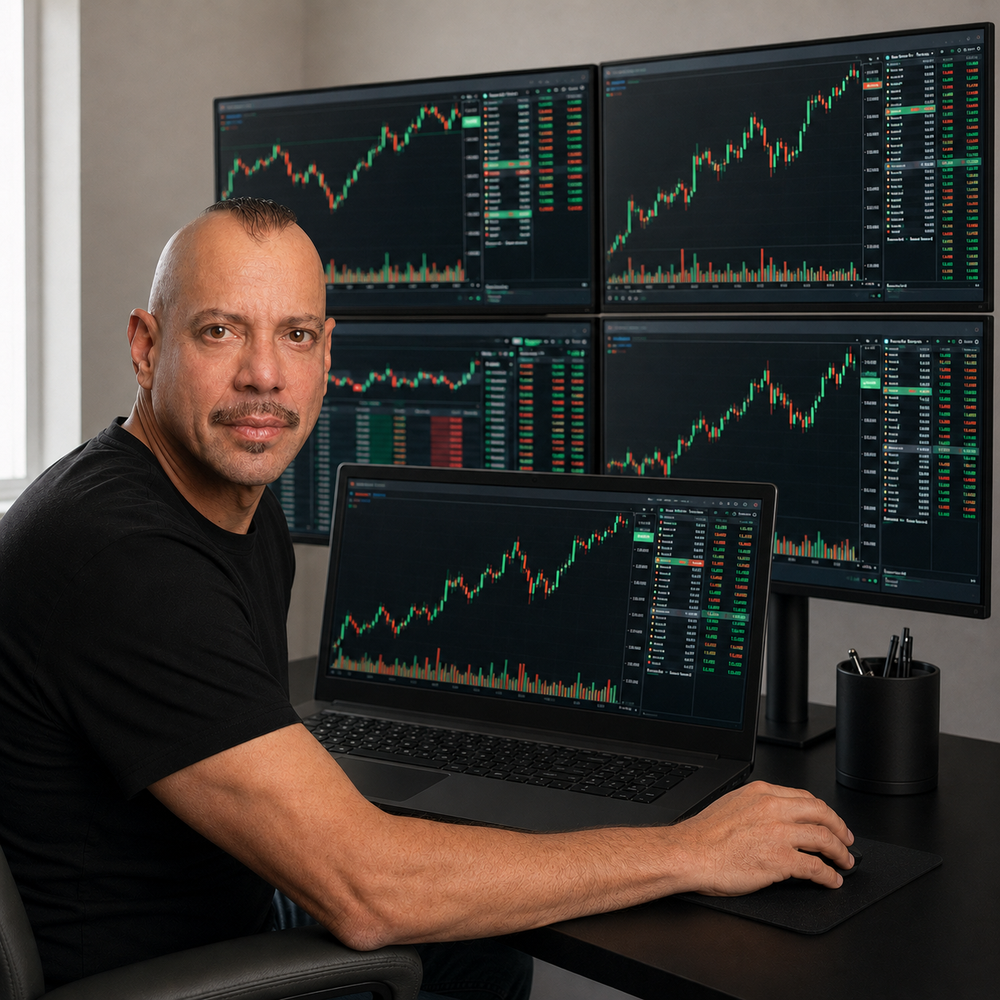 Eddie Z trading on an EZ Trading laptop driving four monitors