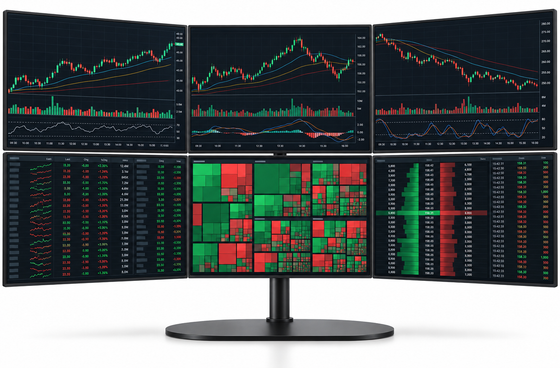 EZ Trading Computers 6-monitor package: six flat monitors, three over three, on one heavy-duty steel stand